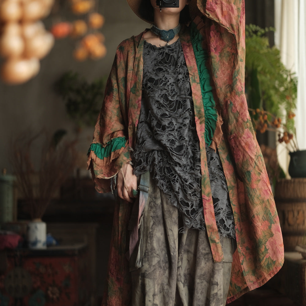 100% Ramie Linen Women Long Blouse with Asymmetric Design & Floral Print, Linen women blouse 250609s 2366