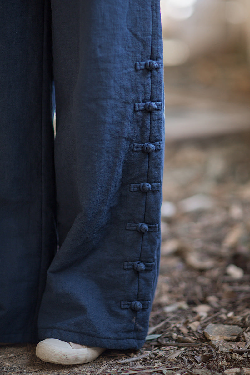 Ramie Linen Cotton Quilted Thick Pants with Pockets & Frog Buttons Design, winter women pants 251102w