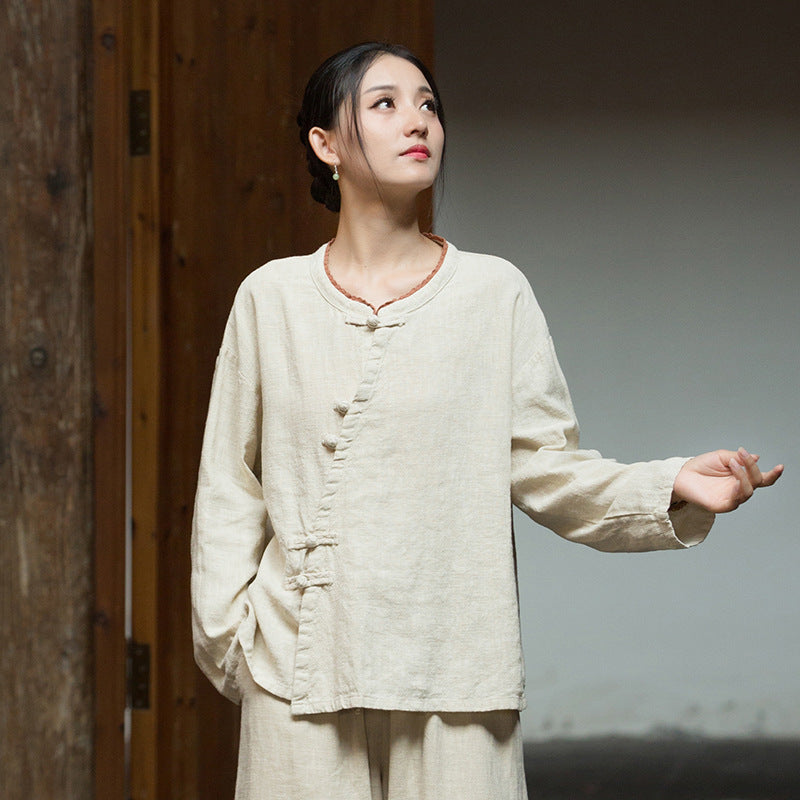 Ramie Linen Women Shirt in Hanfu Style with Diagonal Closure and Frog Buttons 250921a