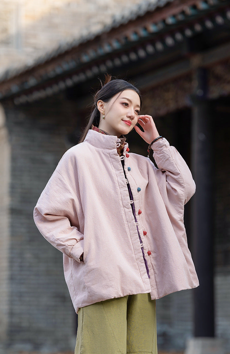 Ramie Linen Cotton Women Quilted Jacket with Pockets & Color-block Buttons in Hanfu Style, Chinese style Hanfu 251121w