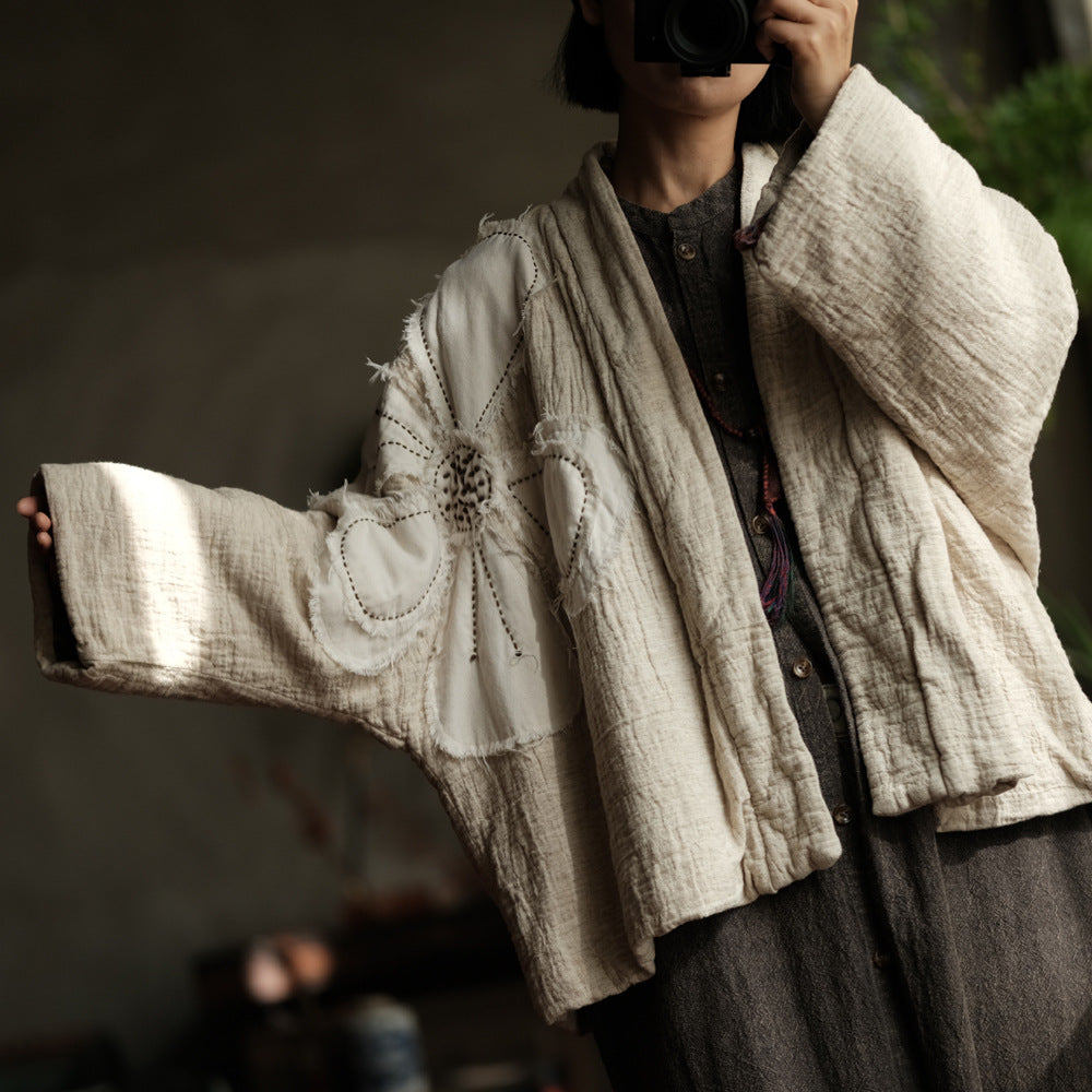 Double Layered Linen Cotton Women Jacket with Floral Hand Sewed Patchwork 250205w