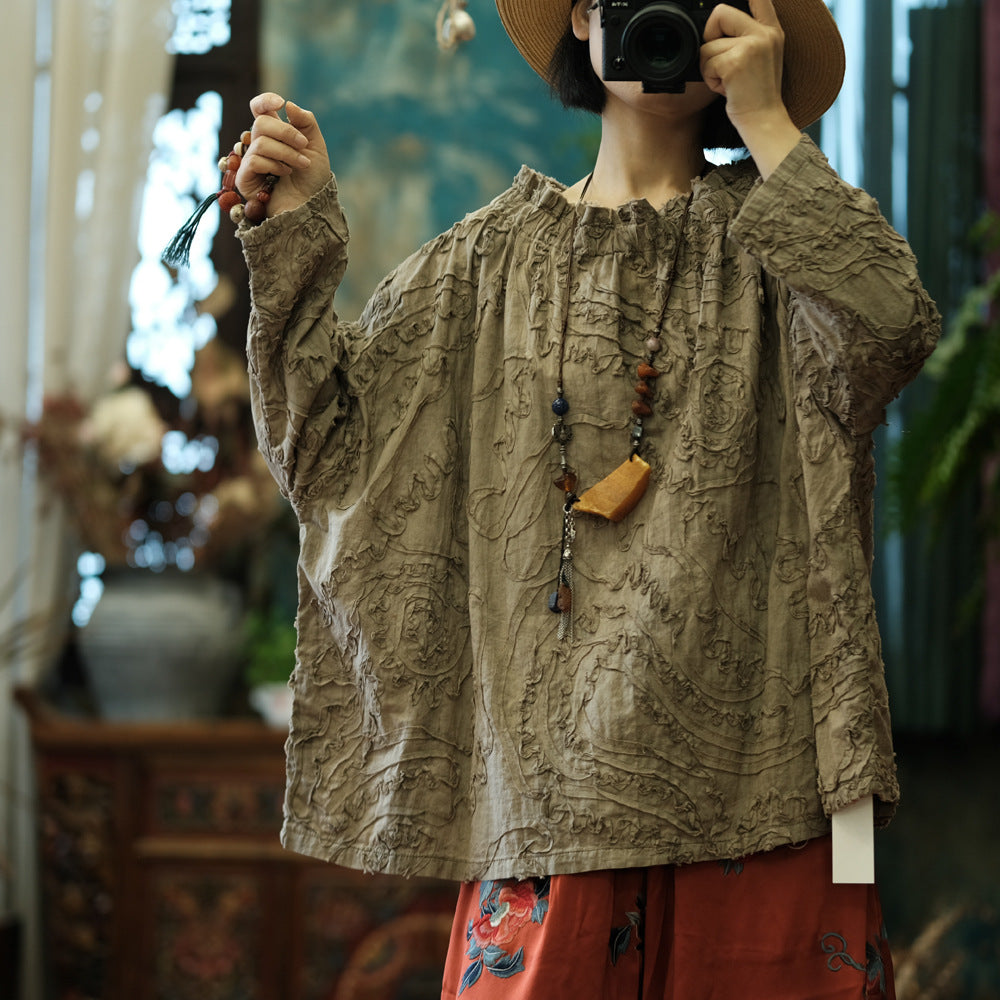 100% Cotton 3D Embroidered Ruffle Blouse Pullover  250403s 2174