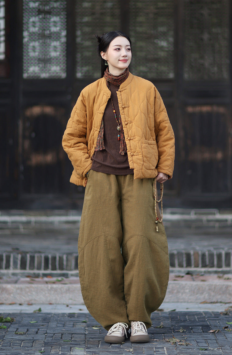 Ramie Cotton Quilted Thick Pants for Women, winter padded pants 251015w