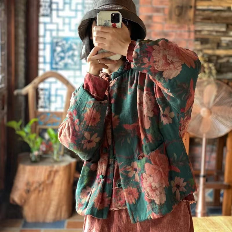 100% Cotton Winter Women Quilted Jacket with Floral Print in Hanfu Style, Chinese style Hanfu 240924a 1912