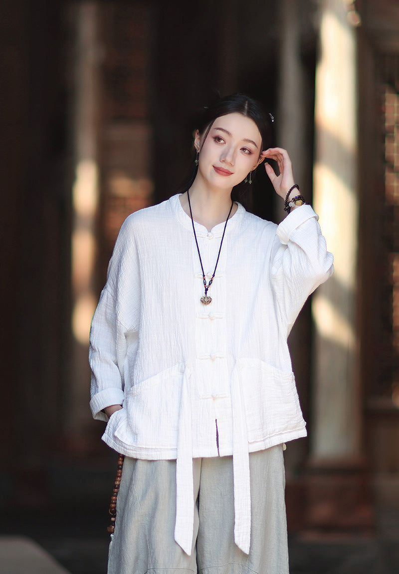 100% Cotton Women Hanfu Shirt with Chinese Traditional Buttons & Pockets 251016w