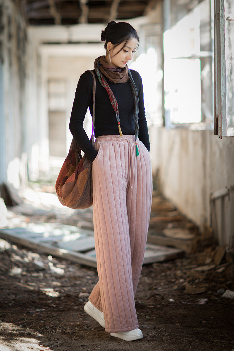 100% Cotton  Quilted Thick Pants with Pockets, women winter padded pants  251104w