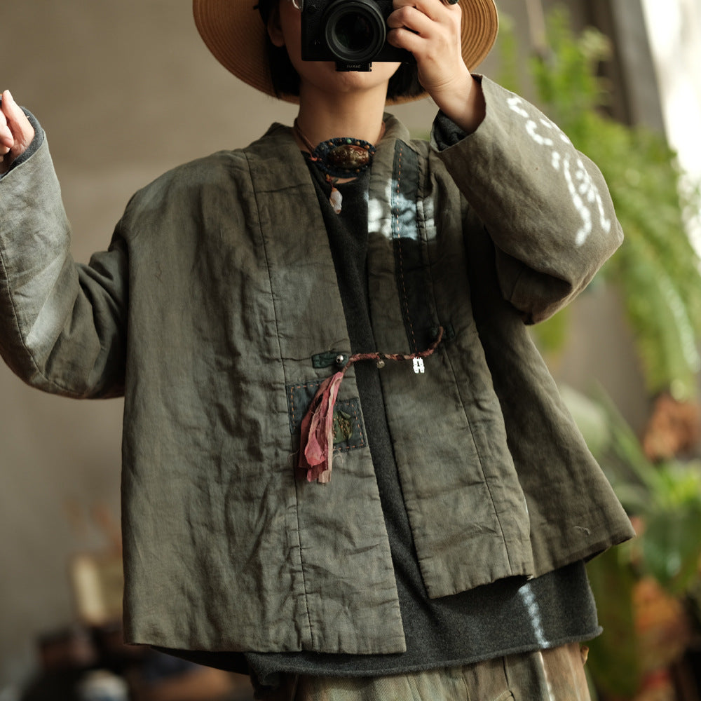 100% Linen Women Quilted Jacket with Front Tie in Hanfu Style, Chinese style Hanfu 250908a