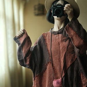 100% Linen Women Patchwork Tunic Dress, Linen Dress, linen Long Blouse women in Chinese Traditional Style 231924t