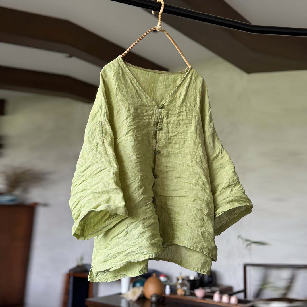 100% Linen Women Shirt with Chinese Traditional Buttons 250803s 4352