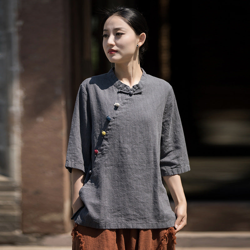 Linen Cotton Women Blouse with Handwoven Buckle Button, chinese style women blouse linen liziqi, Taichi jacket, Tang suit  240721s