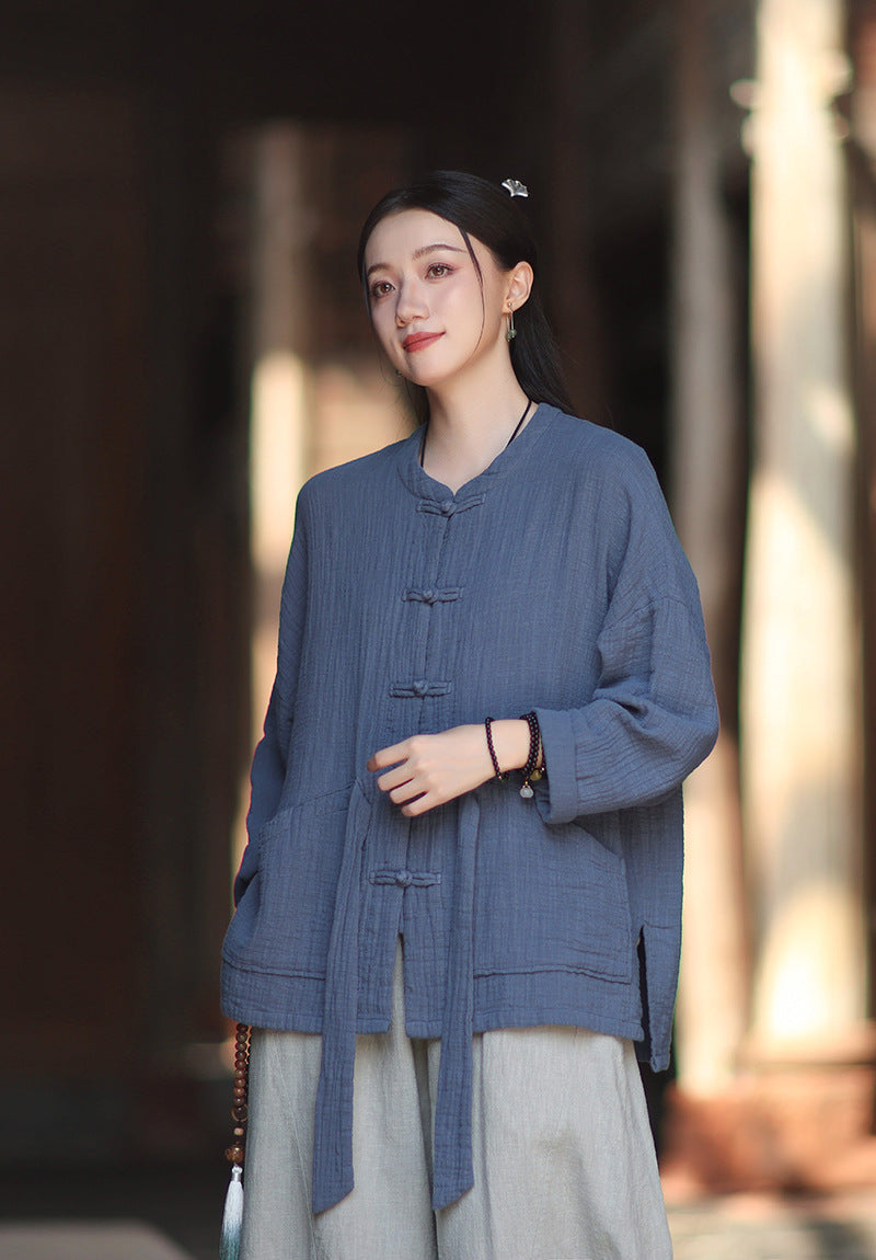 100% Cotton Women Hanfu Shirt with Chinese Traditional Buttons & Pockets 251016w