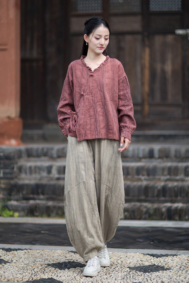 Ramie Linen Women Shirt in Hanfu Style with Ruffled Collar & Diagonal Closure 250922a