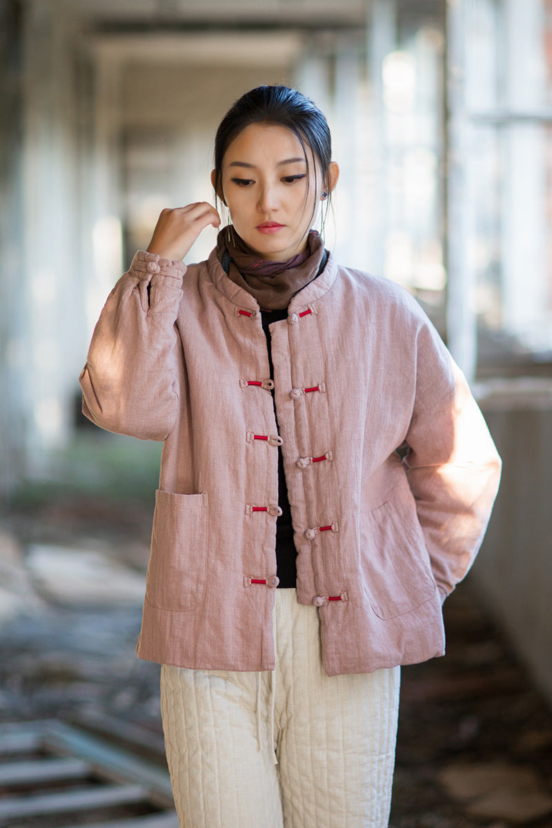 Ramie Cotton Women Quilted Jacket with Pockets & Frog Buttons in Hanfu Style, Chinese style Hanfu 251110w