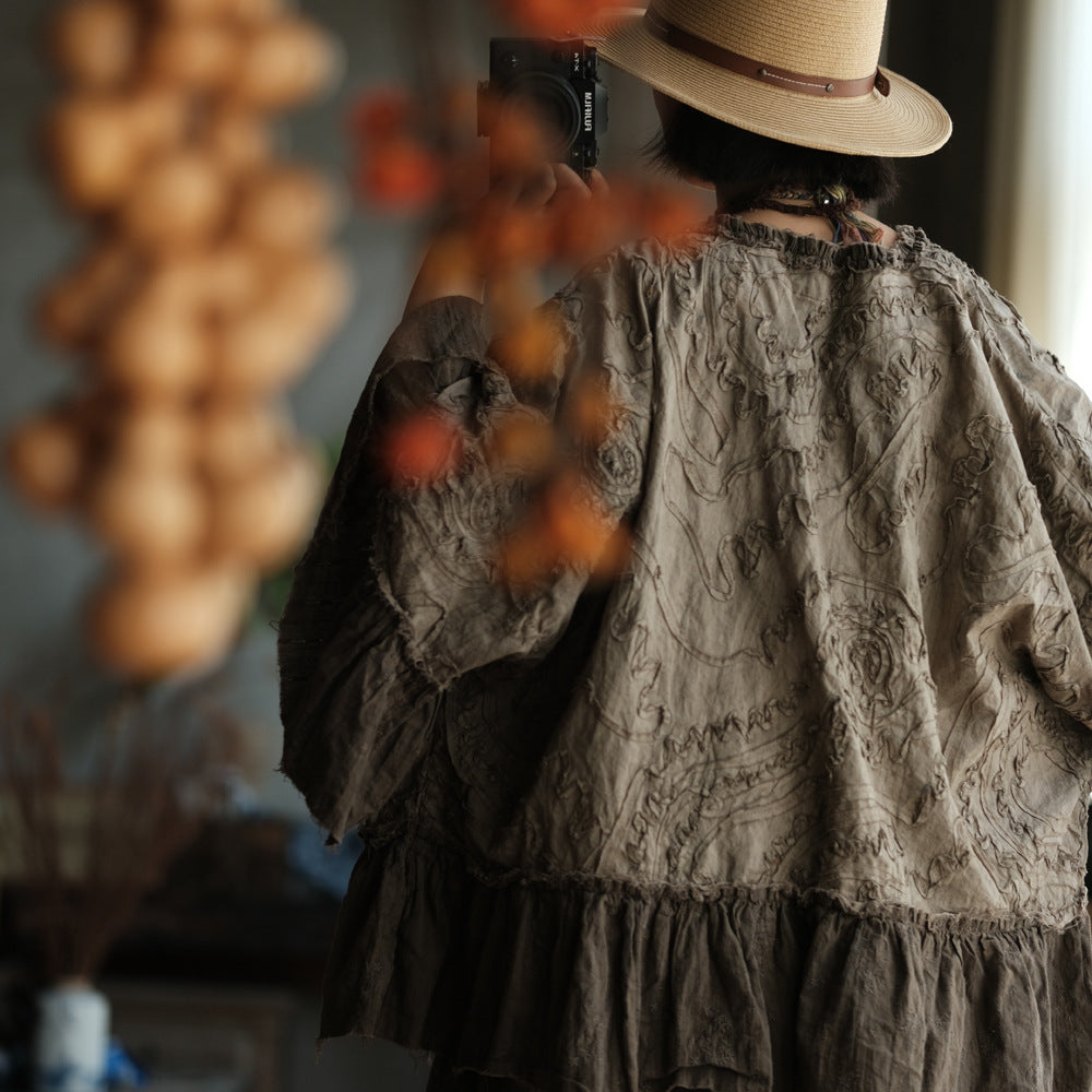 100% Cotton 3D Embroidered Ruffle Sleeve Blouse with Traditional Buttons 250402s 2365