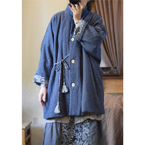 Winter Thick Linen Cotton Women Quilted Jacket with Pockets in Hanfu Style, Chinese style Hanfu 241111w