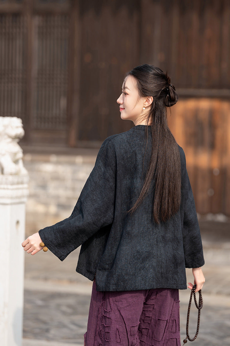 Ramie Linen Women Hanfu Pullover with Color-Block Traditional Buttons 250811s