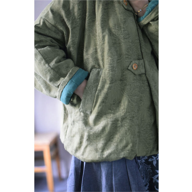 Linen Cotton Women Quilted Chinese Jacket with Pockets in Vintage Green 251031w