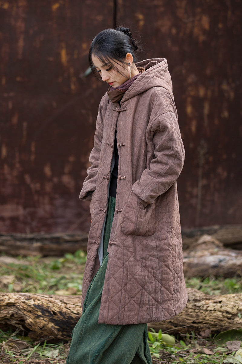 Ramie Linen Women Quilted Hoodie Jacket with Pockets & Frog Buttons in Hanfu Style, Chinese style Winter Padded Coat 251107w