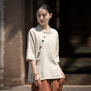 Linen Cotton Women Blouse with Handwoven Buckle Button, chinese style women blouse linen liziqi, Taichi jacket, Tang suit  240721s