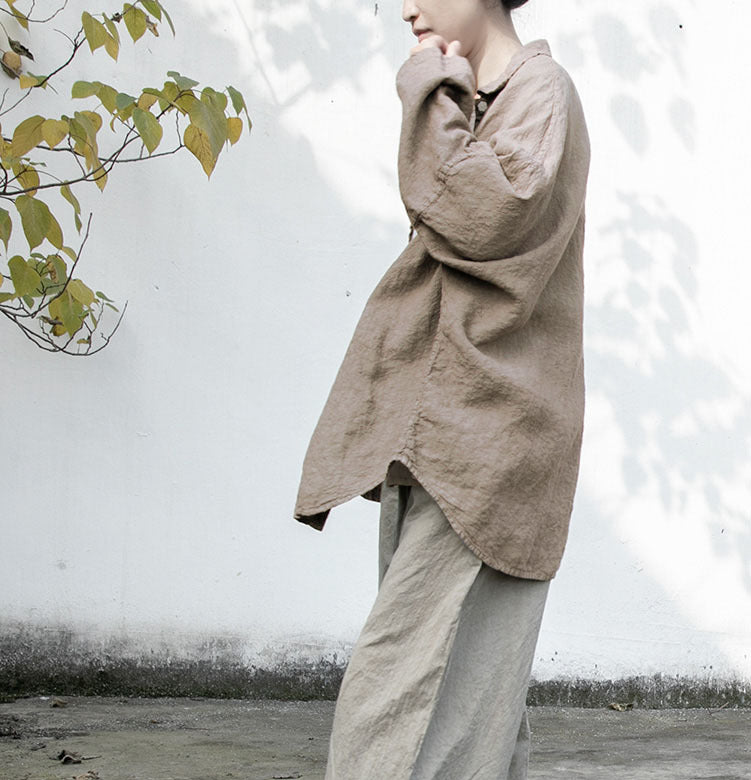 100% Linen Oversize Classic Women Blouse Shirt 250406s