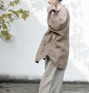 100% Linen Oversize Classic Women Blouse Shirt 250406s