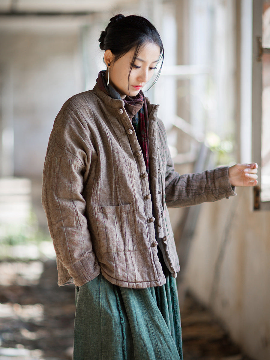 Ramie Linen Cotton Women Quilted Jacket with Pockets & Frog Buttons in Hanfu Style, Chinese style Hanfu 251109w