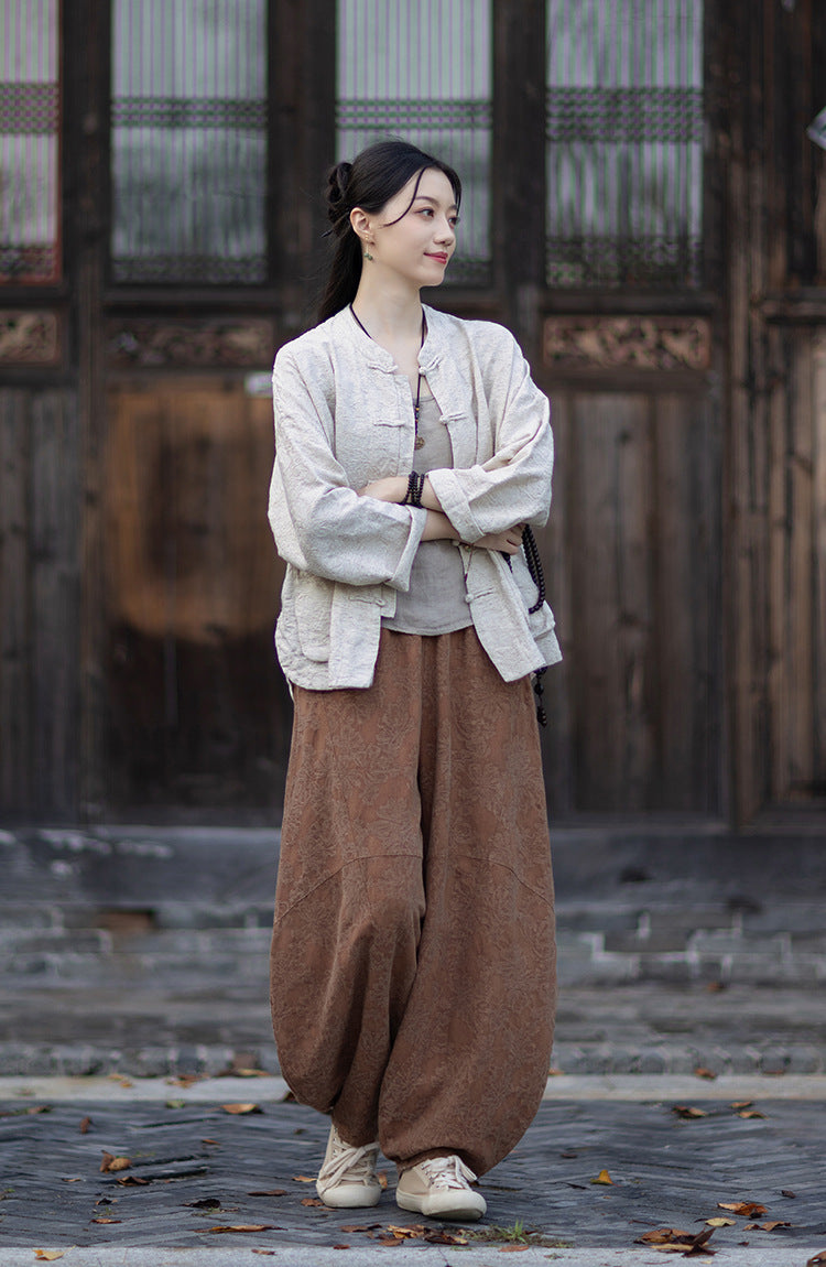 Linen Cotton Women Hanfu Shirt with Wide Leg Carrot Pants Set 251014w