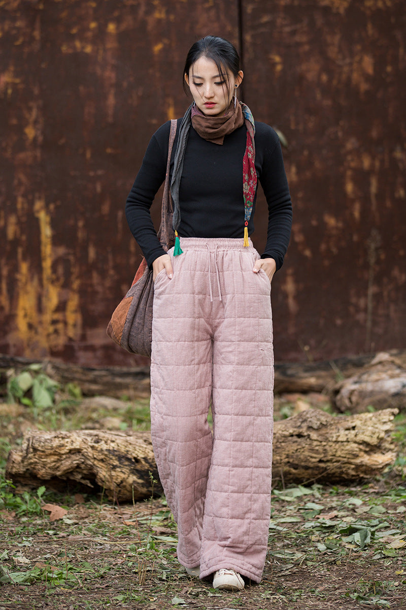 Ramie Linen Cotton Quilted Thick Pants with Pockets & Front Ties, winter women pants 251105w