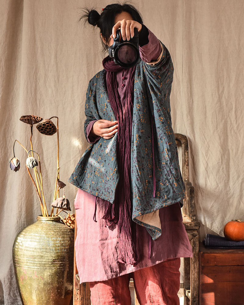 Linen Cotton Cross Collared Autumn Wrap Hanfu with Front-Tie 250905a