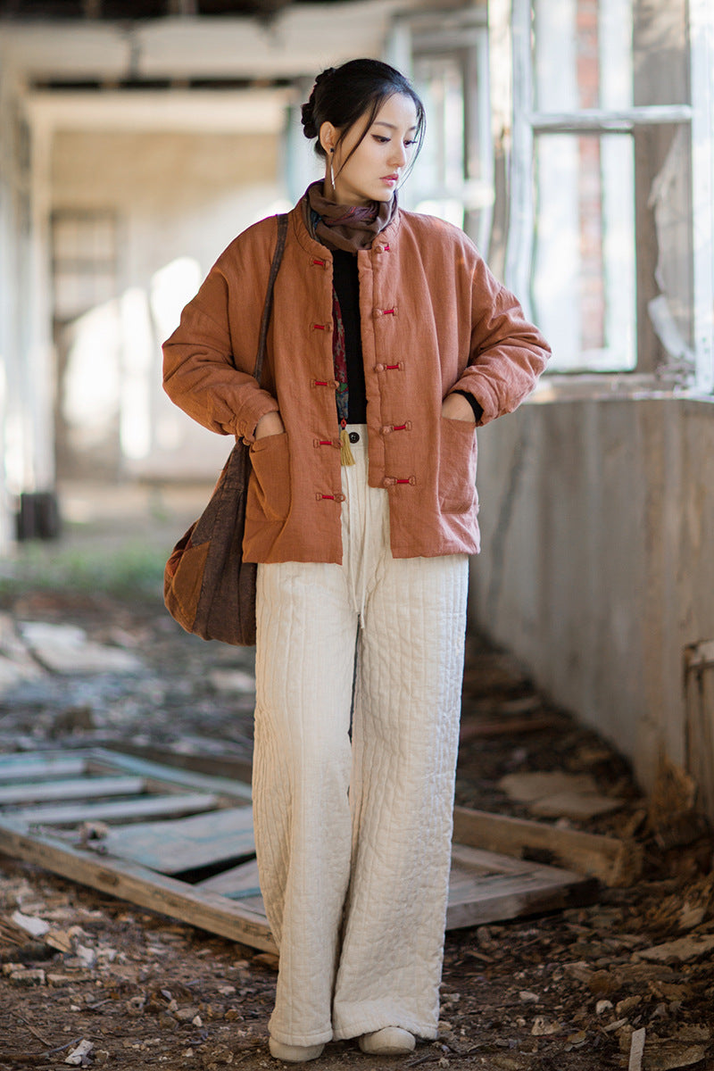 Ramie Cotton Women Quilted Jacket with Pockets & Frog Buttons in Hanfu Style, Chinese style Hanfu 251110w