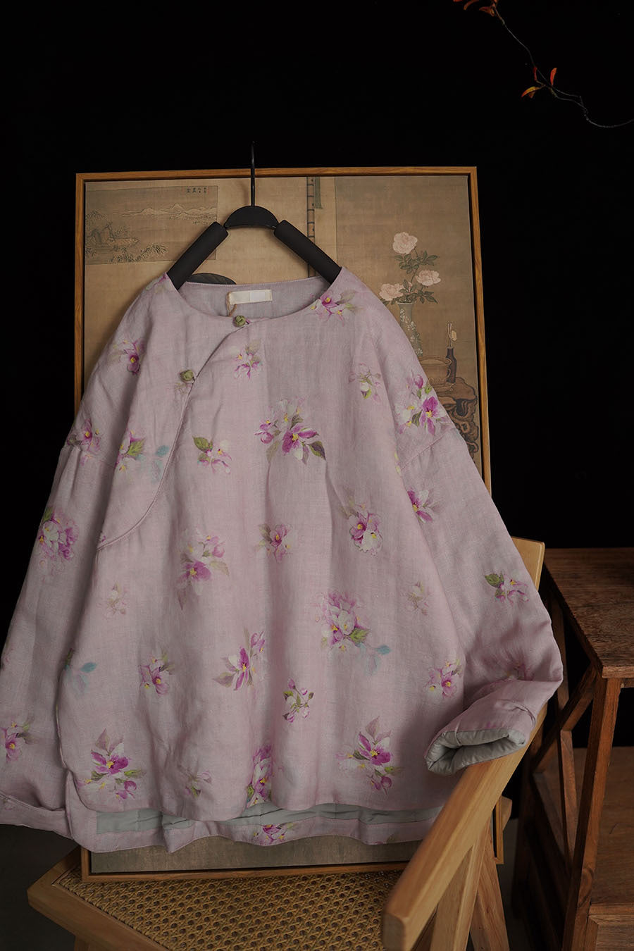 Linen Cotton Women Quilted Chinese Pullover with Vintage Floral Print and Traditional Chinese Buttons 251117w 210018