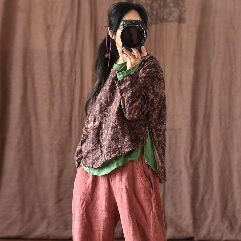 100% Linen Asymmetrical Women Shirt with High-low Hem & Vintage Print 250712s