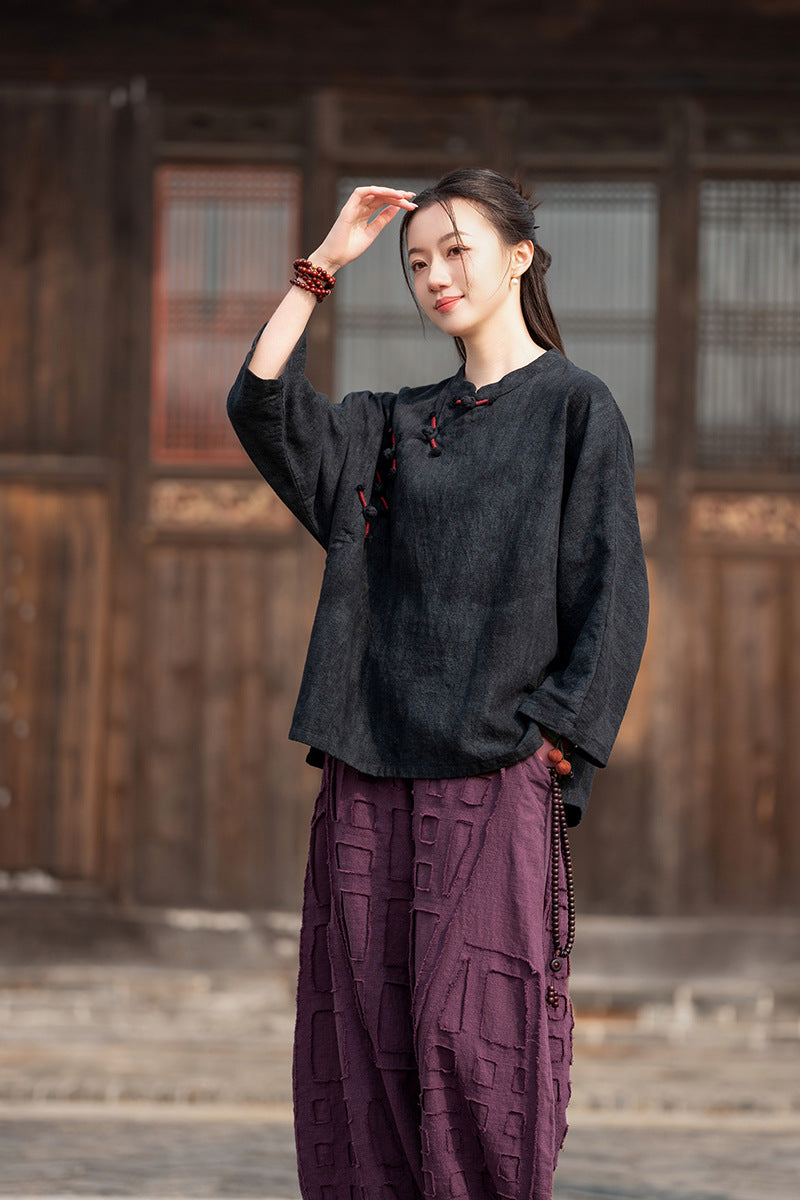 Ramie Linen Women Hanfu Pullover with Color-Block Traditional Buttons 250811s