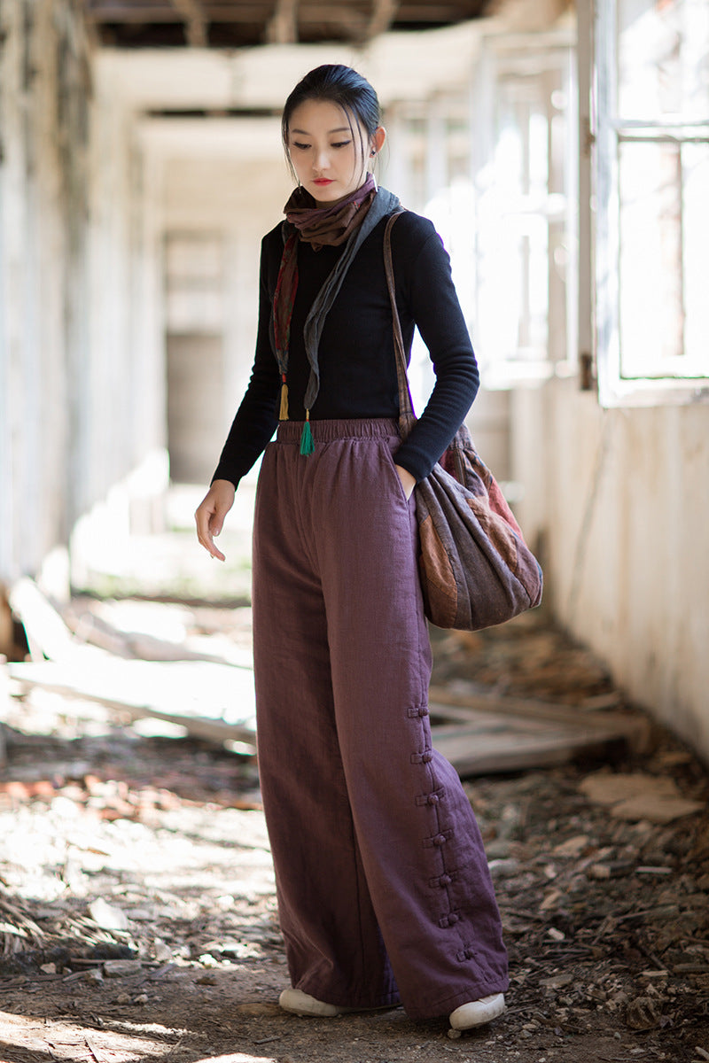 Ramie Linen Cotton Quilted Thick Pants with Pockets & Frog Buttons Design, winter women pants 251102w