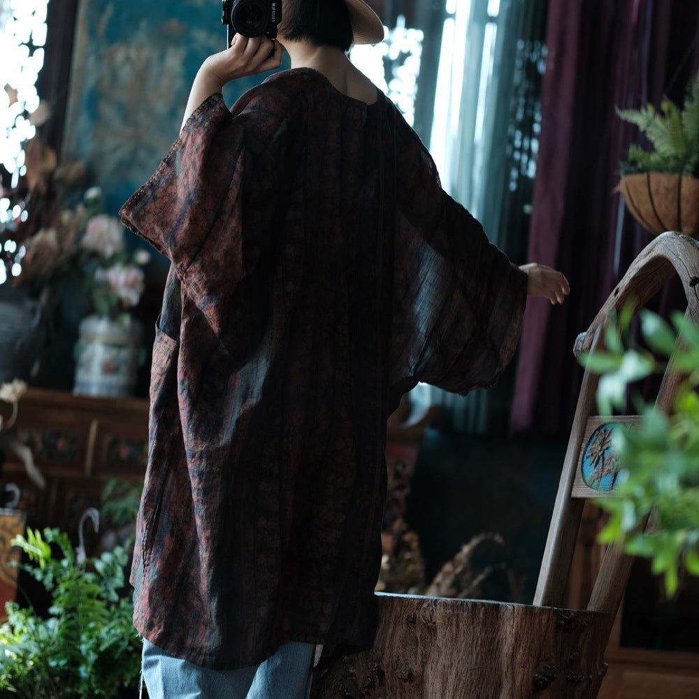 100% Ramie Linen Women Long Blouse with Patchwork Details and Vintage Print, linen women Shirt Jacket 250412s 2185