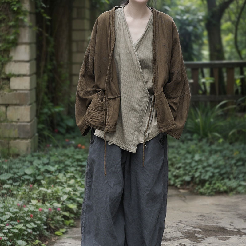 100% Cotton Wrap Cardigan Shirt with Mid-length sleeves and Tie-front Design 250407s