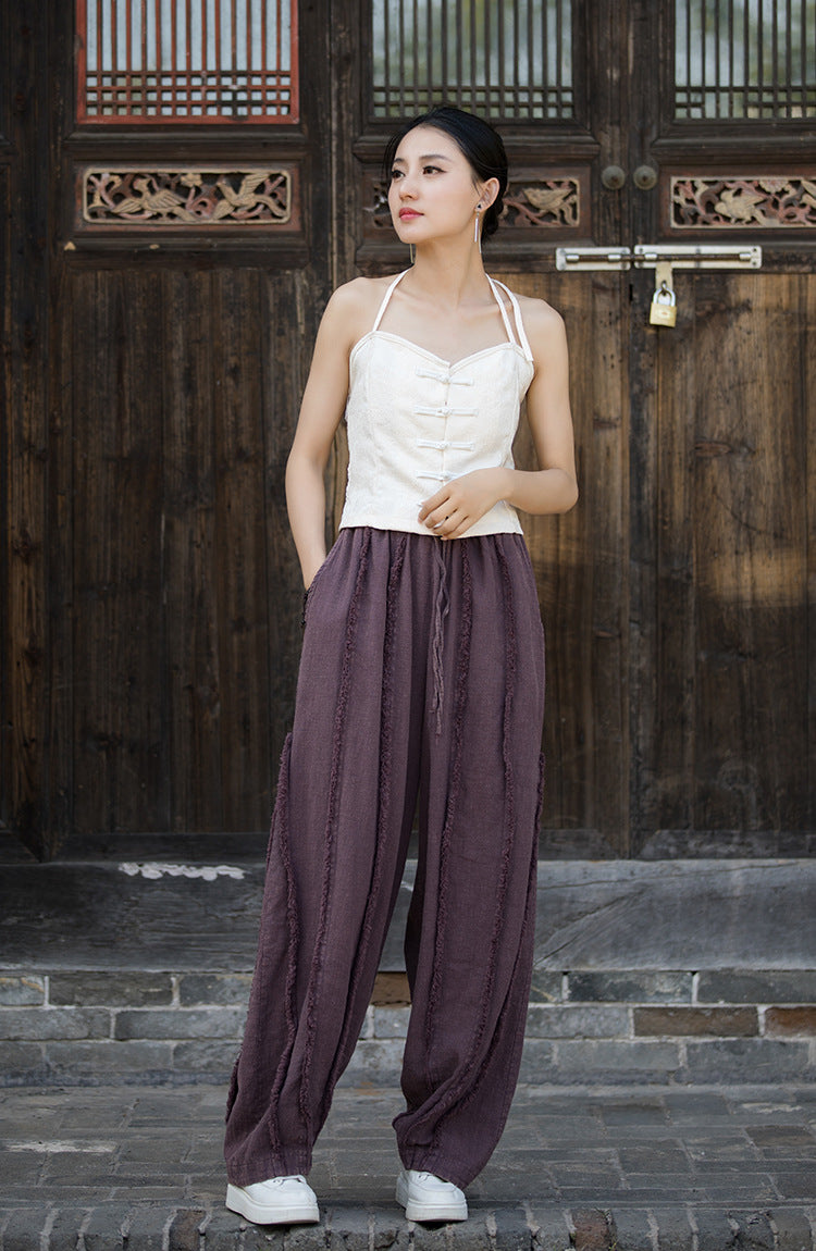 Linen Women Wide Pants with Elastic Waistband and Pocketsfor Tai chi, Wide Leg Pants, linen Culottes women 240719s