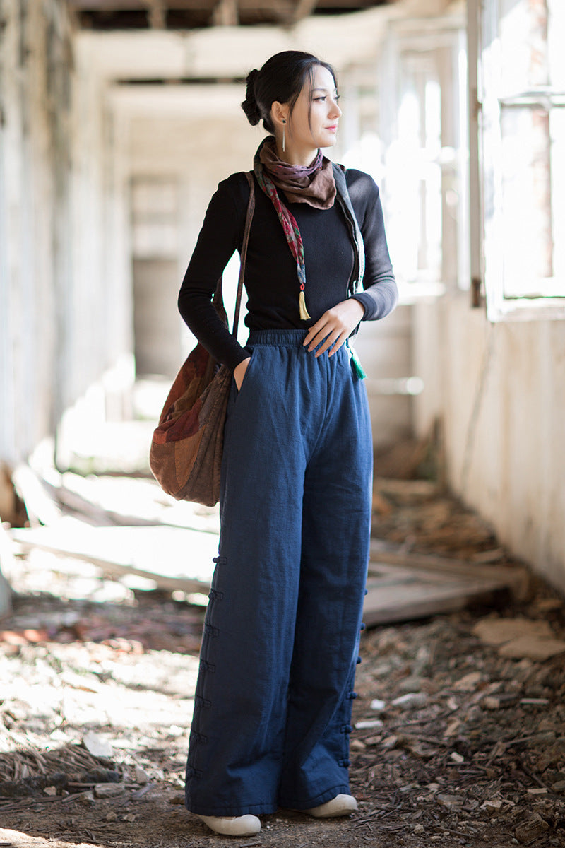 Ramie Linen Cotton Quilted Thick Pants with Pockets & Frog Buttons Design, winter women pants 251102w