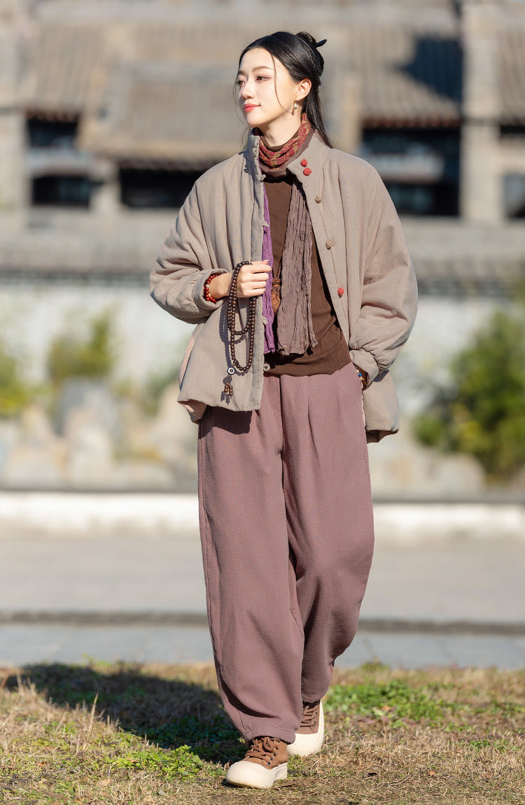 Ramie Linen Cotton Women Quilted Jacket with Pockets & Color-block Buttons in Hanfu Style, Chinese style Hanfu 251121w