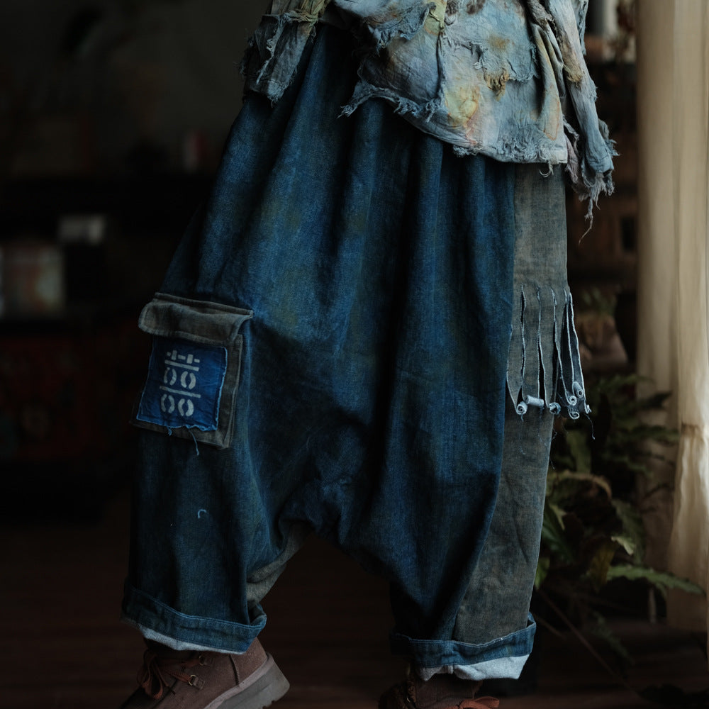 100% Cotton  Women Pachtwork Style Pants, Wide Leg Pants, linen Culottes women 250603s 2345
