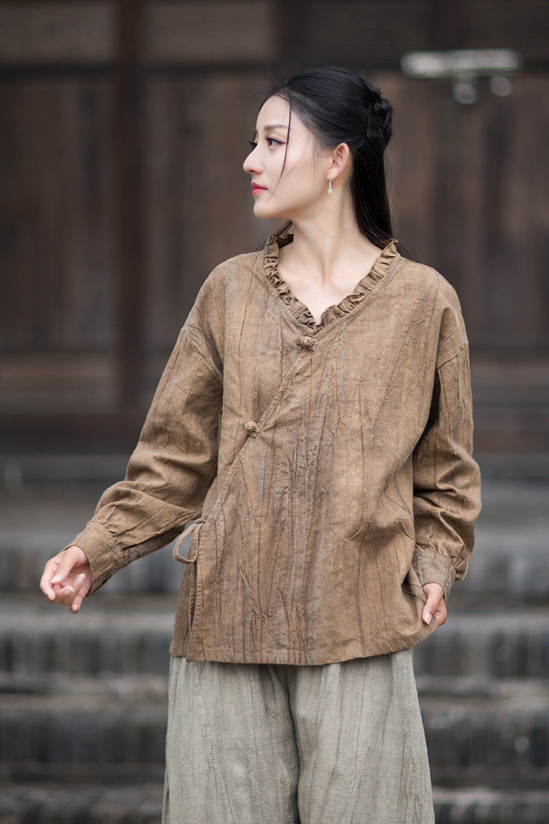 Ramie Linen Women Shirt in Hanfu Style with Ruffled Collar & Diagonal Closure 250922a