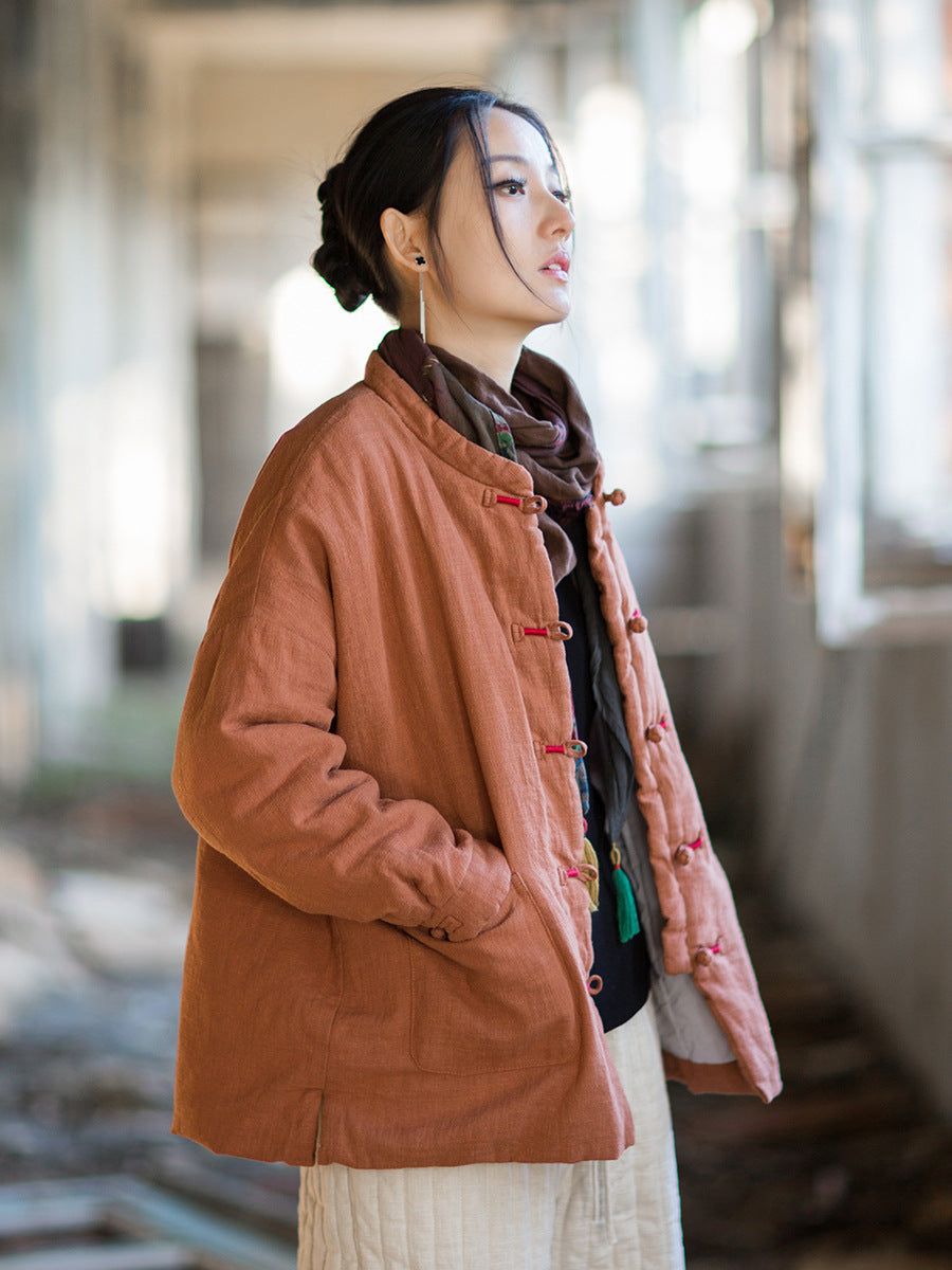 Ramie Cotton Women Quilted Jacket with Pockets & Frog Buttons in Hanfu Style, Chinese style Hanfu 251110w