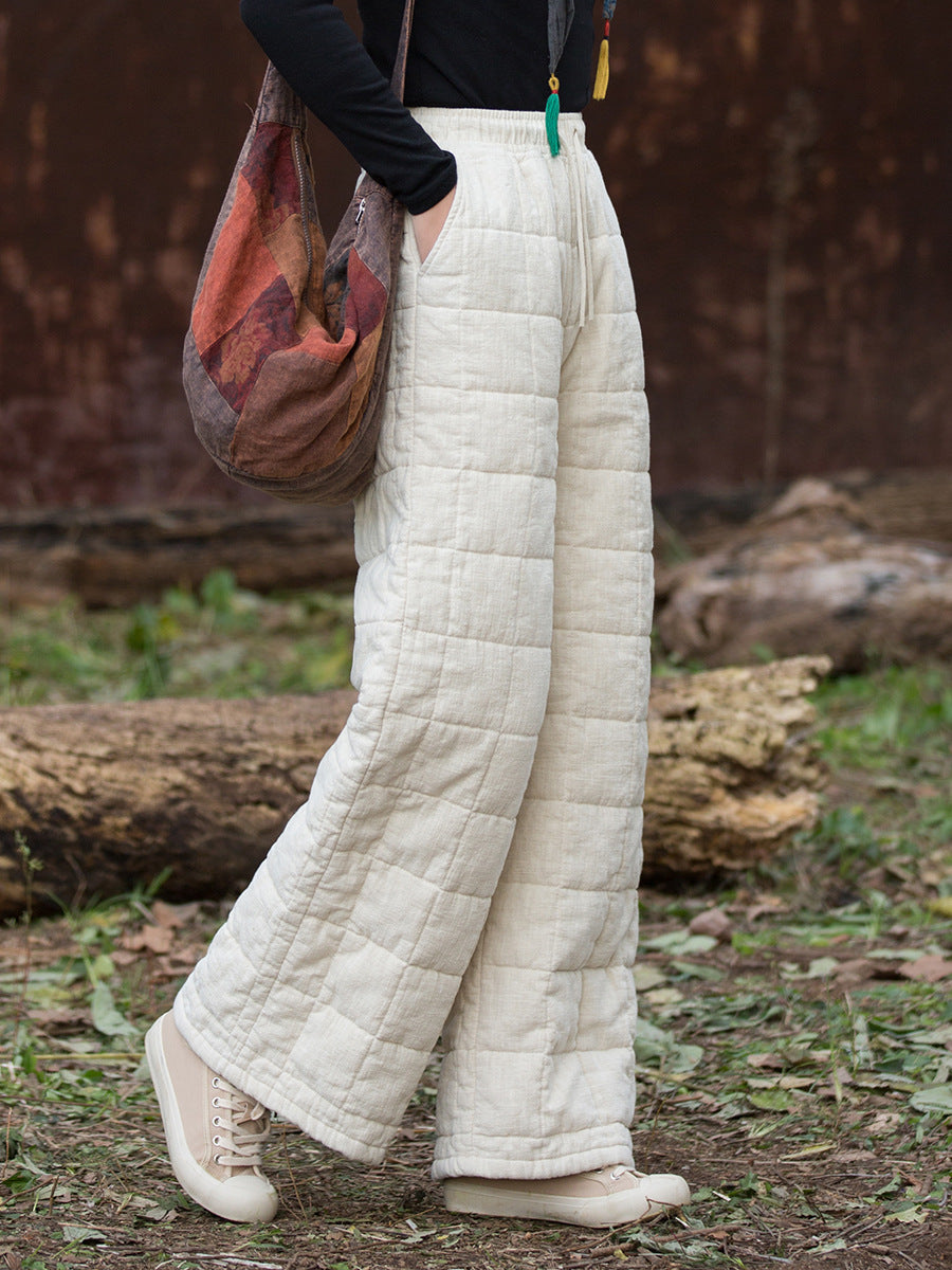 Ramie Linen Cotton Quilted Thick Pants with Pockets & Front Ties, winter women pants 251105w