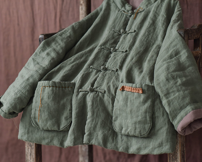 100% Linen Autumn Winter Women Quilted Jacket with Handsewing Details in Hanfu Style 250902a