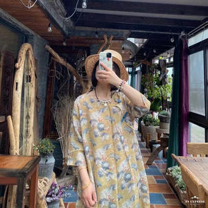 100% Linen Women Tunic Dress with Floral Print and Vintage Collar, linen Long Blouse women 240724s