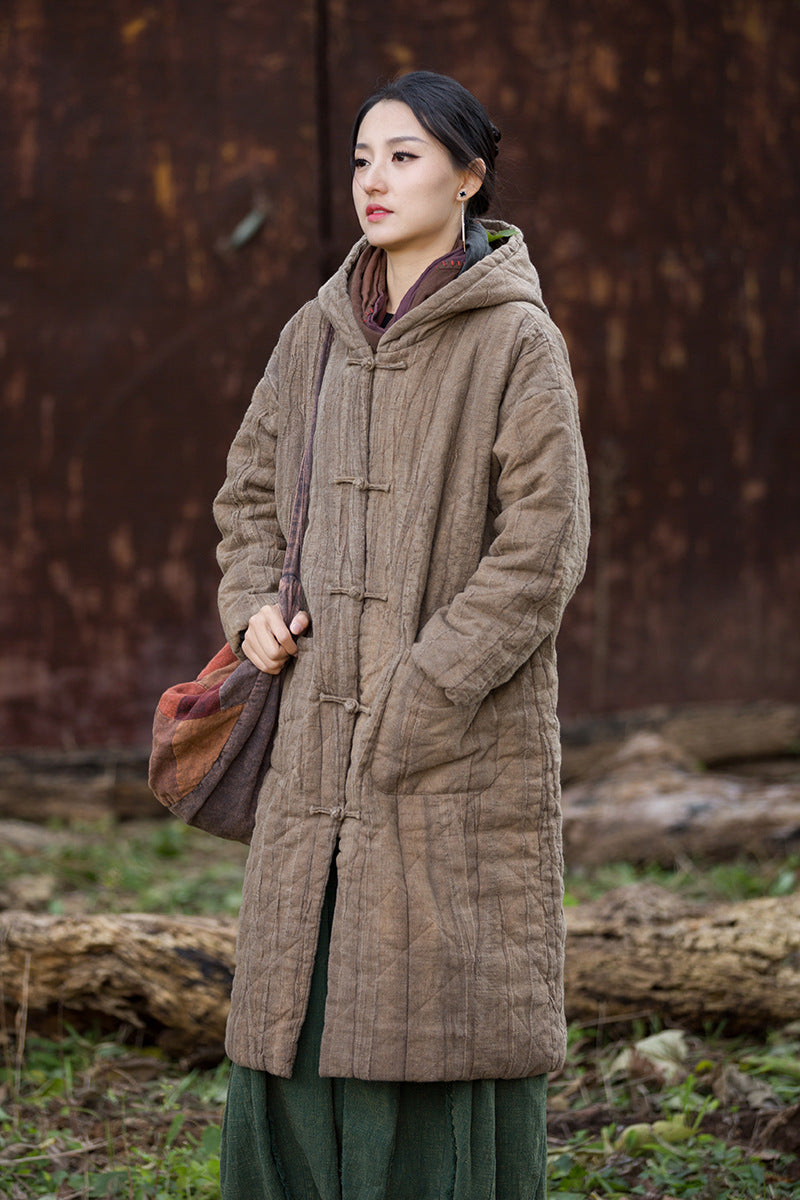 Ramie Linen Women Quilted Hoodie Jacket with Pockets & Frog Buttons in Hanfu Style, Chinese style Winter Padded Coat 251107w