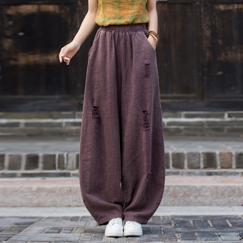 Ramie Linen Cotton Women Pants with Destroyed Look for Tai chi, Linen Wide Leg Pants 250923a