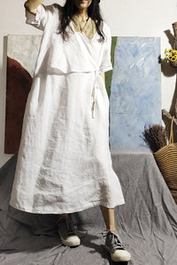 100% Linen Patchwork Style Ragged Dress,  women overall, women linen dress 231858k