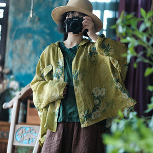 100% Linen Vintage Chinese Women Jacket with Pocket and Floral Print, linen women Shirt Jacket 240005s