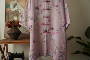 100% Ramie Linen Vintage Chinese Women Long Tunic with Chinese Traditional Buttons and Vintage Floral Print 241605s